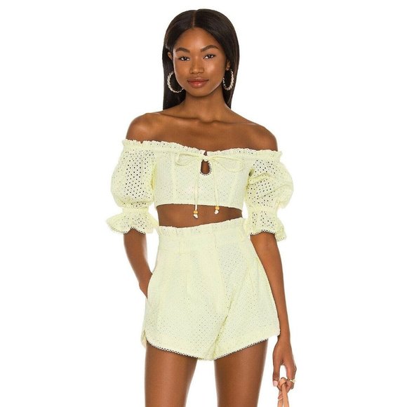 MAJORELLE Thalia Top Lemon Cream Yellow Crop Puff Sleeve Boho XS NWT $148 - Picture 1 of 4